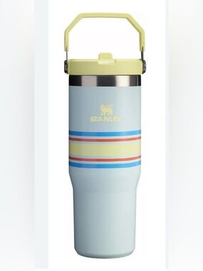 Stanley Pale Blue Tumbler with Yellow Lid and Multicolor Stripe